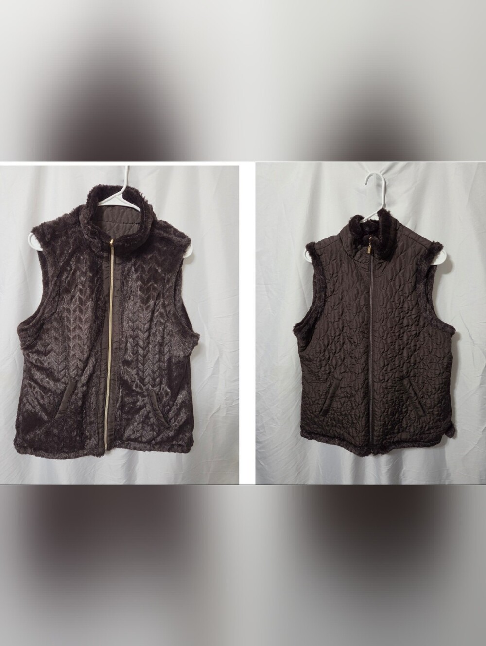 Dark Brown Faux Fur Reversible Quilted Zip Up w/Pockets, Large, Like New Cond